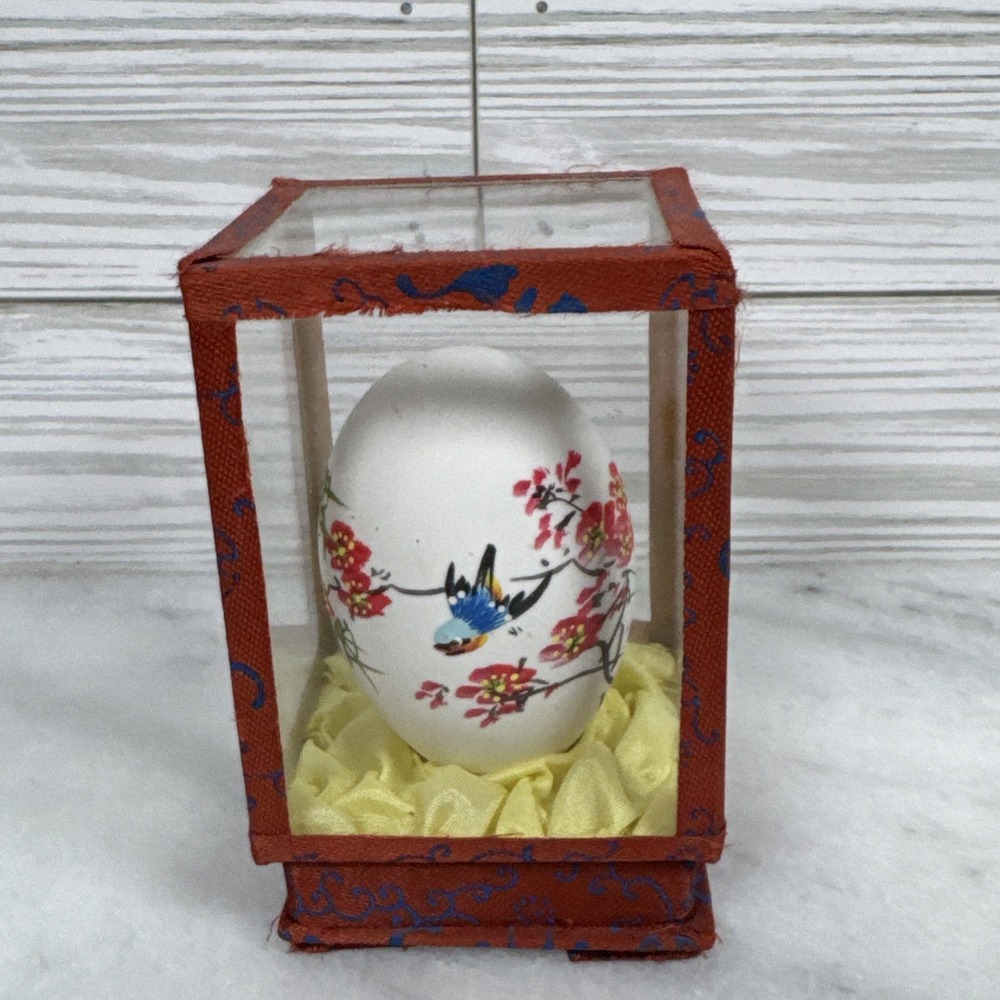 Vintage Painted Egg Japan Glass Case  Flowers Bird Asian